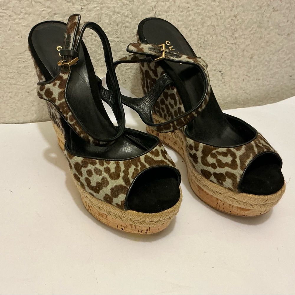 Gucci Brown Leopard Wedge Sandals